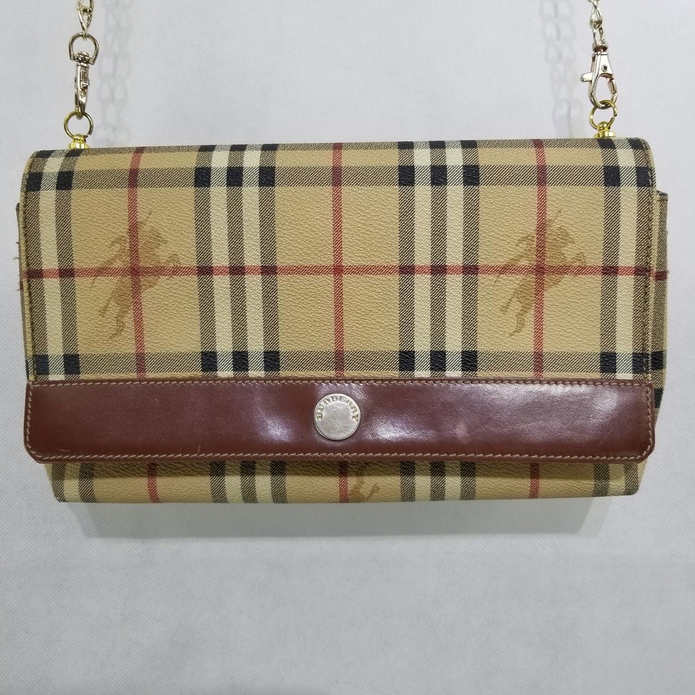 Authentic Burberry Nova Check Leather Baguette Shoulder Bag Purse Chain Added
